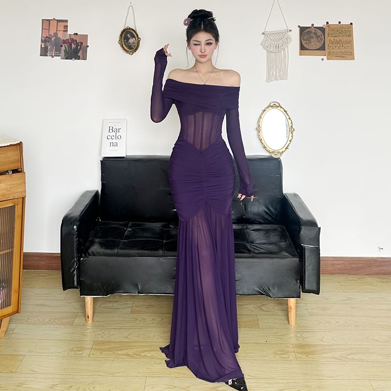 Amyway - Lange mouw off-shoulder maxi-zeemeerminjurk met effen gerimpeld mesh-paneel