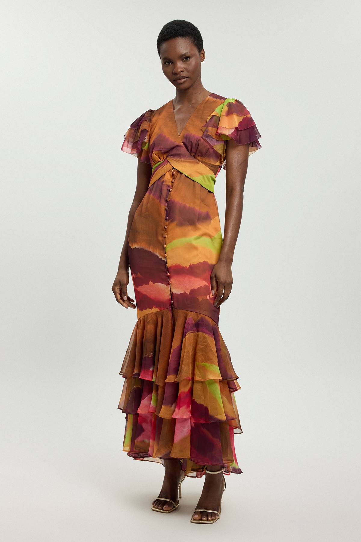 KarenMillen Robe Midi À Imprimé Abstrait Avec Manches À Volants Et Boutonnage Sur Le Devant