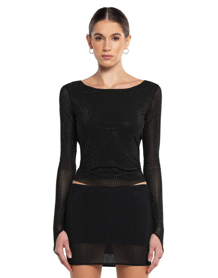 OW Collection MESHA Rhinestone Blouse Black glitter