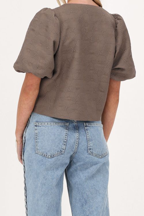 Bruine jacquard top met pofmouwen