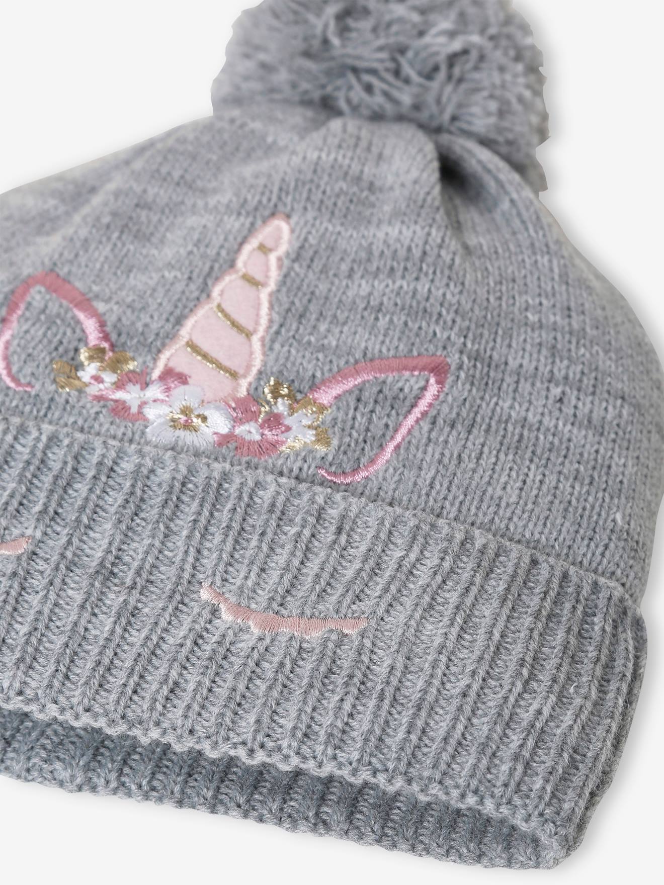 Gorro de tricô com bordado de unicórnio para meninas, tamanho médio, cinza mesclado.