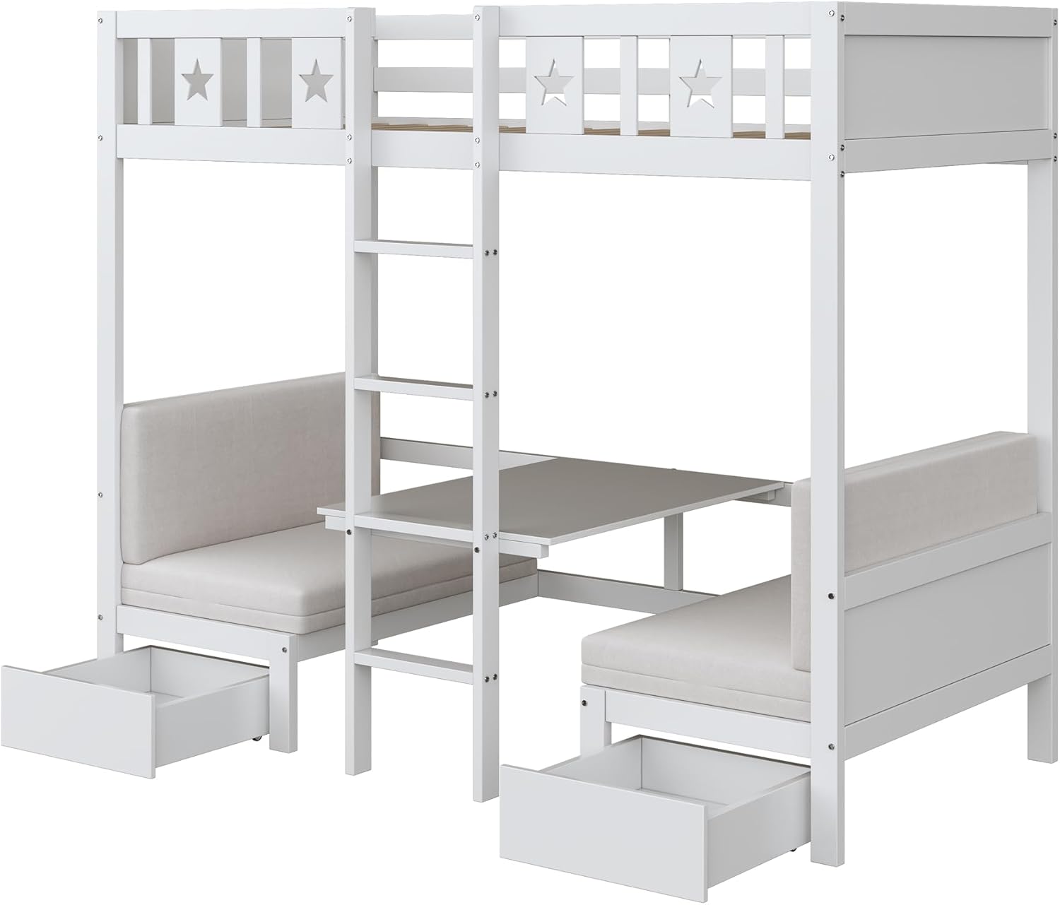 Platzsparendes Etagenbett für Kinder, Hochbett mit Flexibler Tisch und Holzsofa, Kinderbett mit Treppe und 2 Schubladen, 90x200cm Funktionsbett Stockbett Hochbett Jugendhochbett, Weiß, Ohne Matratze