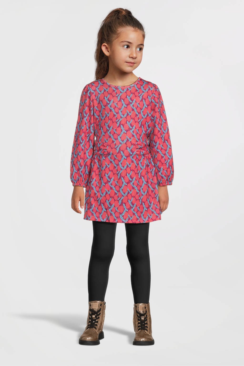 Quapi jurk DANAE met all over print en ceintuur lichtblauw/rood