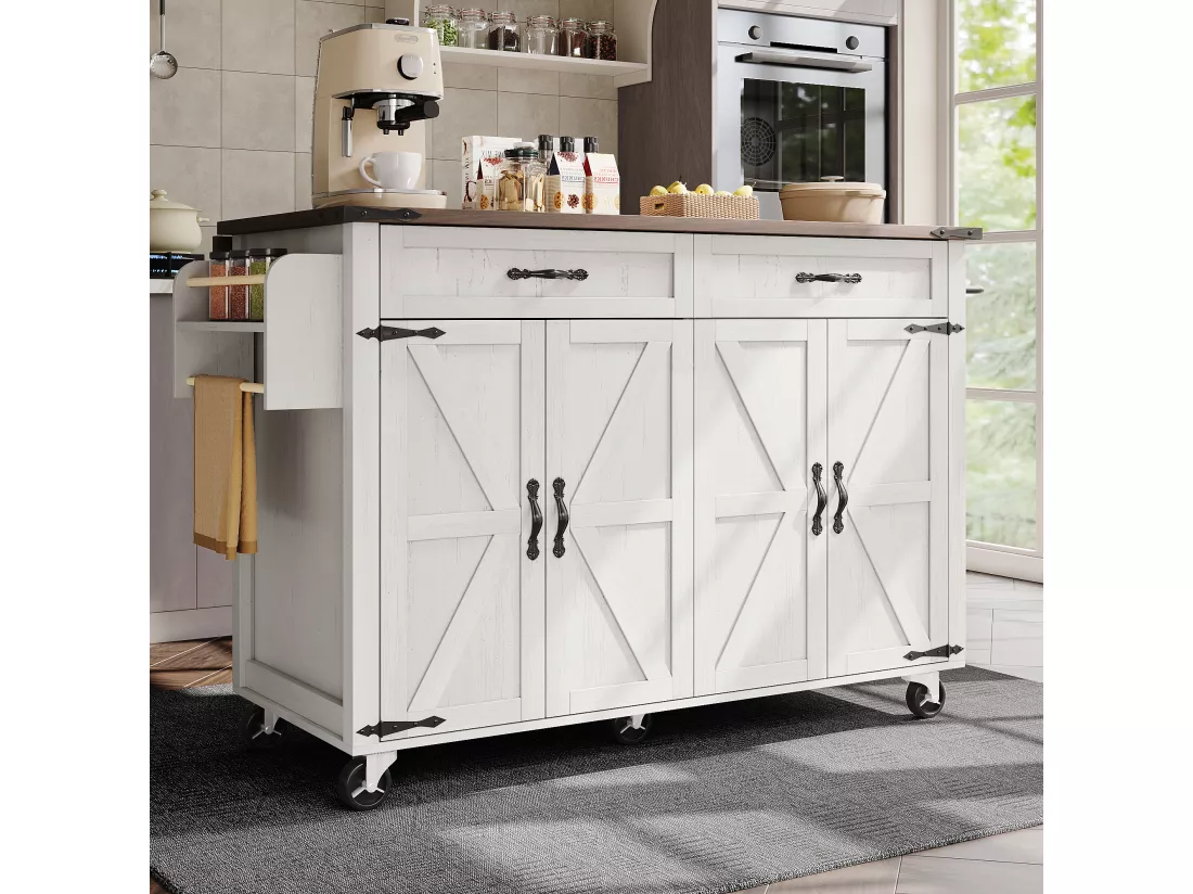 Ilot central de cuisine mobile avec 4 portes et 2 tiroirs - plateau extensible - 140 x 45/73 x 93 cm - Bois MDF + métal - Blanc + naturel
