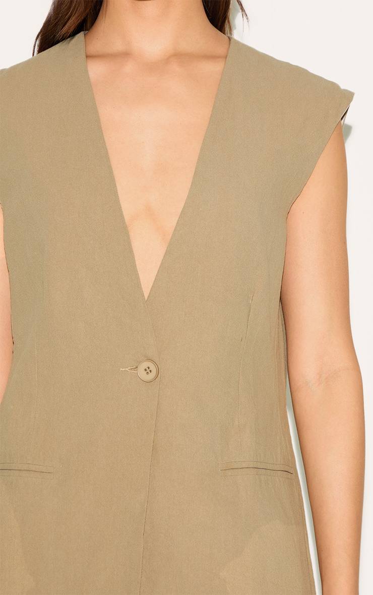Sage Khaki Gilet Long Effet Lin