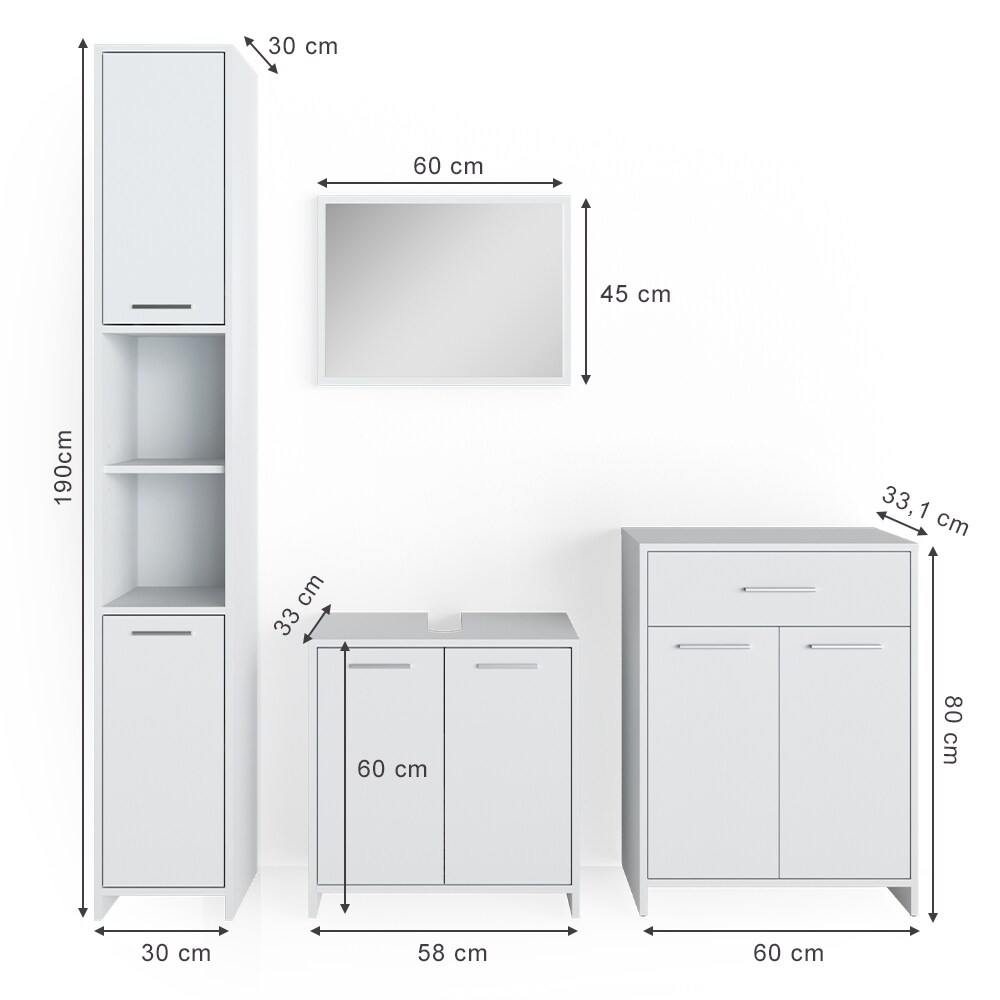 VICCO Badmöbel Set KIKO Weiß - Badezimmer Badspiegel Hochschrank Beistellschrank