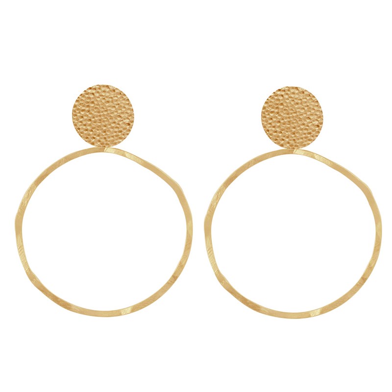 Boucles d'Oreilles Clous Laiton Mat Pastille Martelée et Anneau Vague