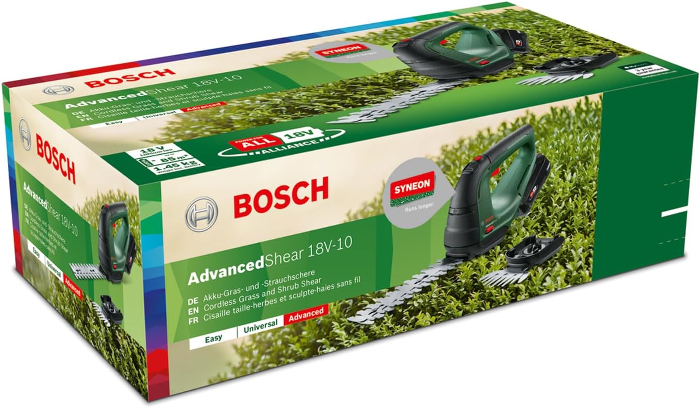 Bosch Akku Grasschere AdvancedShear 18V-10 (1 Akku 2,0 Ah, 18-Volt-System, schneidet bis zu 85 m² pro Akkuladung, mit Strauch- und Grasscherenmesser, im Karton)