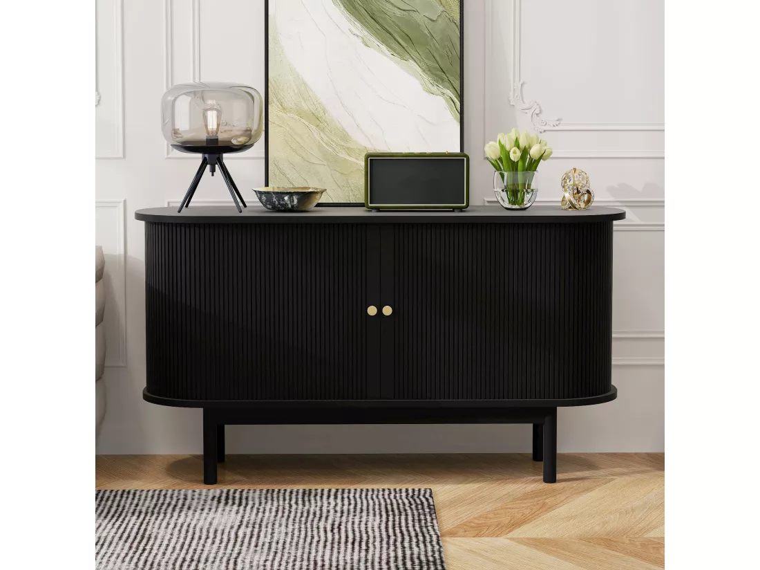 Buffet bas moderne avec 2 portes coulissantes - 138 x 43 x 75 cm - Forme ovale - Bois MDF + pieds en pin - Noir