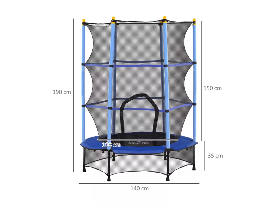 Trampoline de jardin enfants Ø 1,40 x 1,90H m filet de sécurité porte zipée couvre-ressorts + 6 poteaux rembourrés inclus bleu