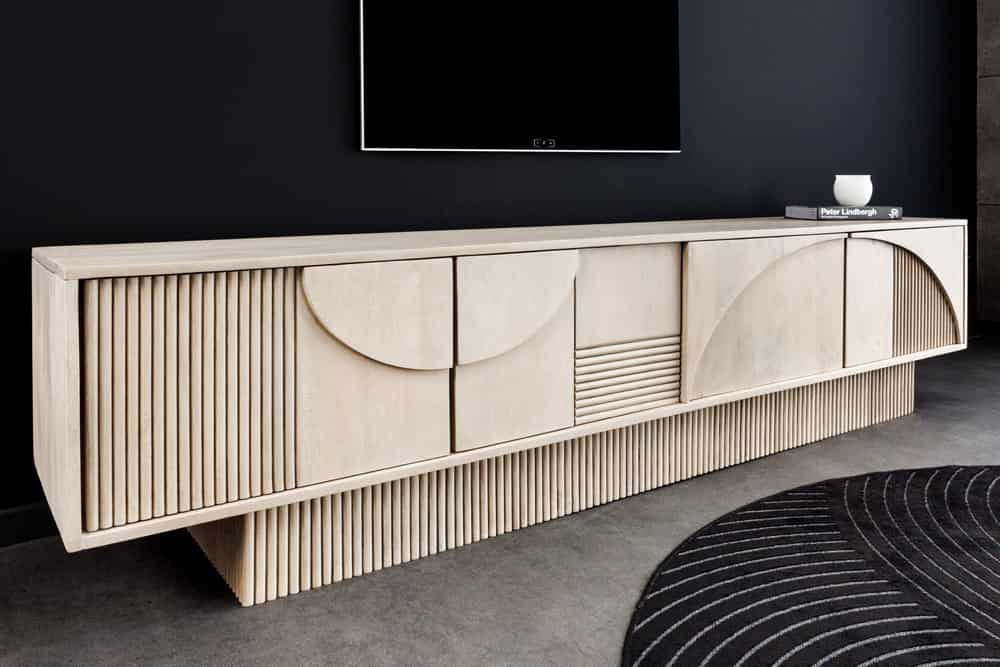 Massivholz TV-Lowboard ART DECO 200cm weiß gekälkt Mangoholz 3D-Front