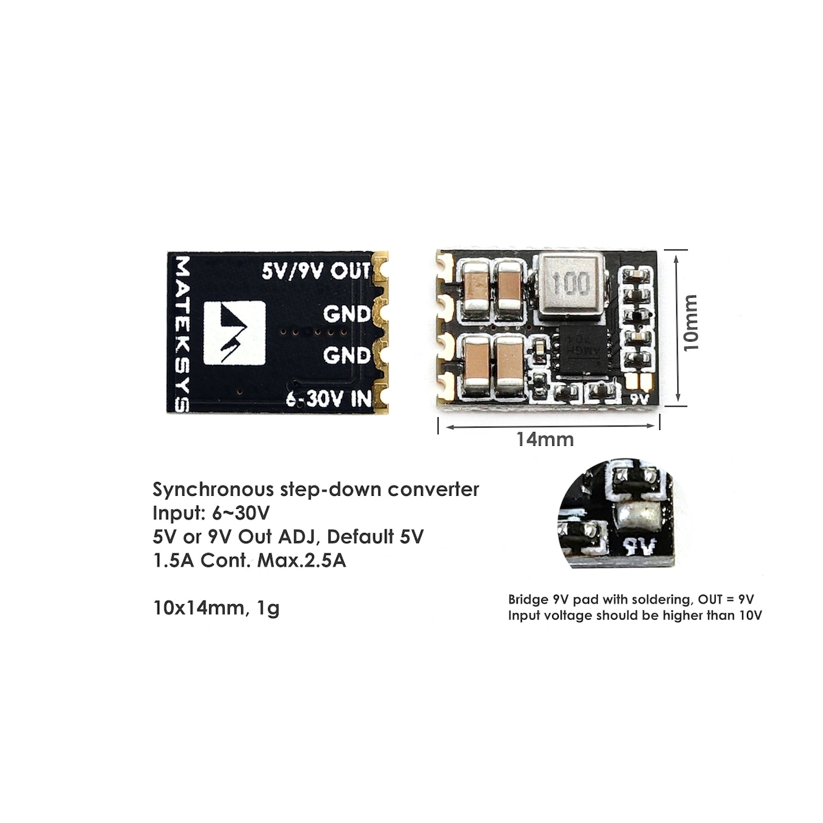 Mateksys Micro BEC 6-30V 5V/9V Adjustable. 3stk