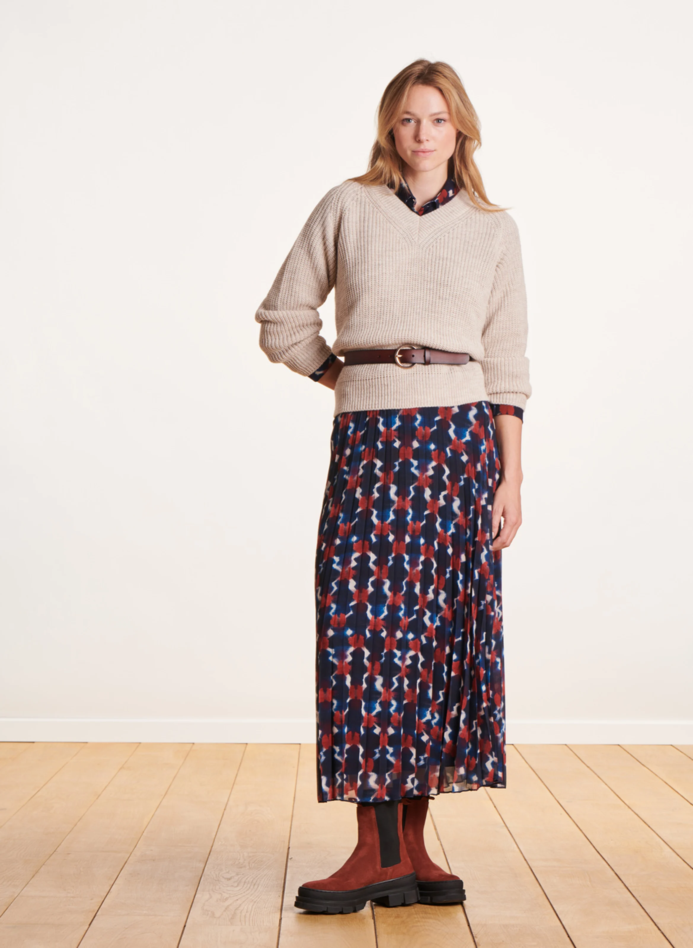 Pull droit col V en maille mélangée | Beige