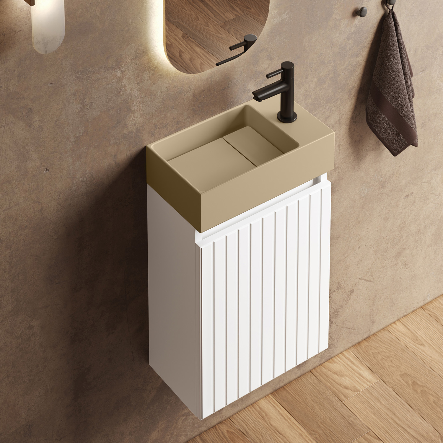 Fontana Itsie toiletmeubel mat wit ribbelfront 40cm met fontein in mat licht ivoor