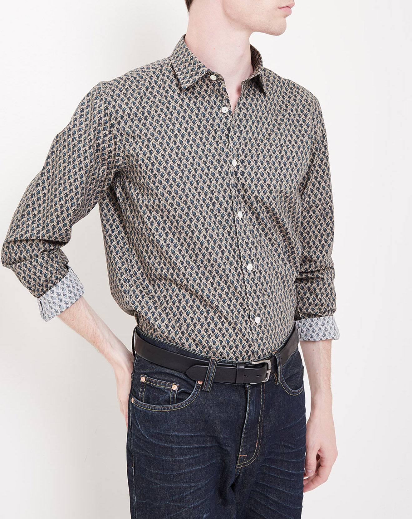 Hartford Chemise Slim Sammy imprimé ski beige/vert