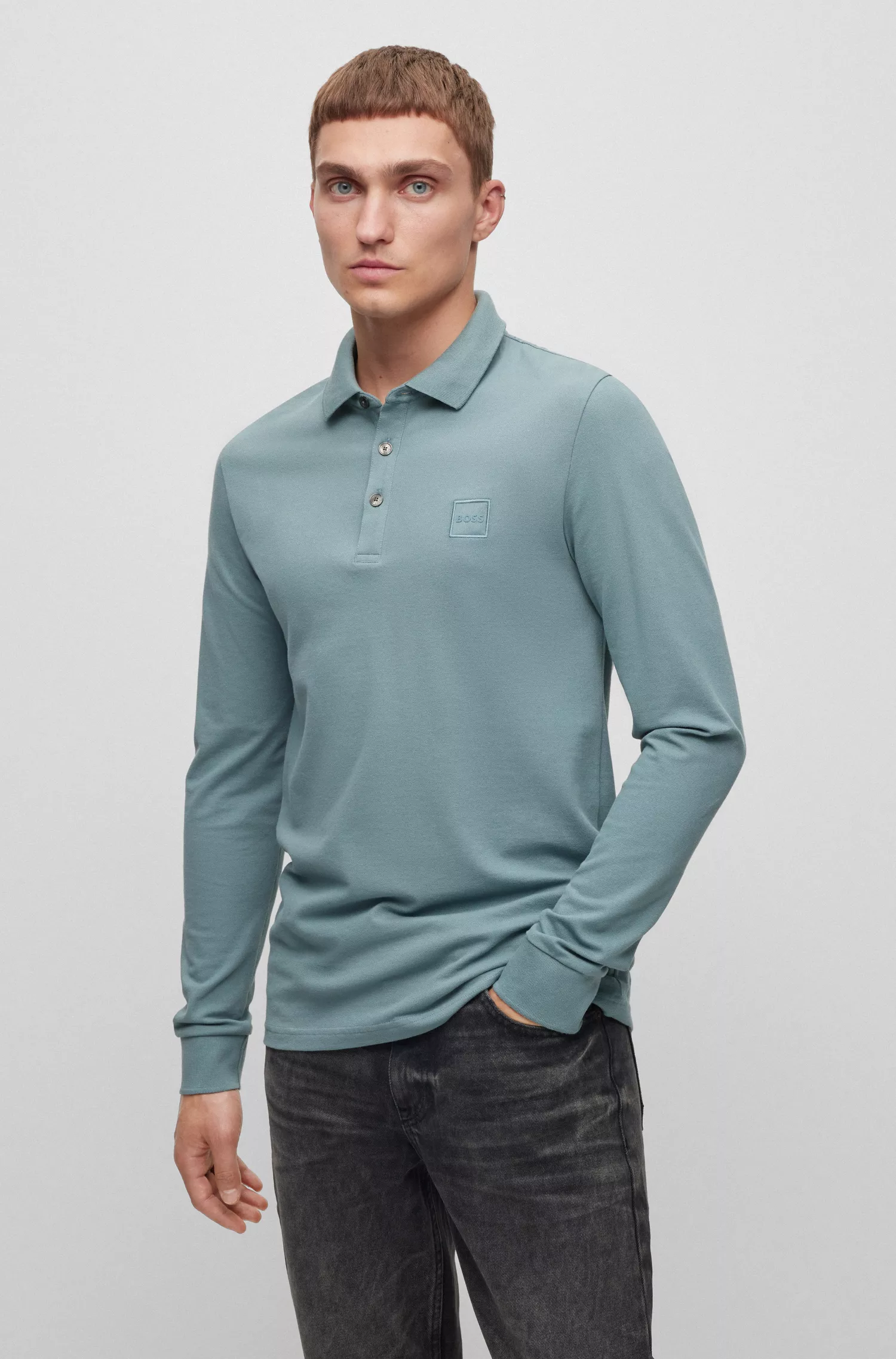 Camisa polo BOSS laranja de manga comprida e corte slim com etiqueta de logotipo.