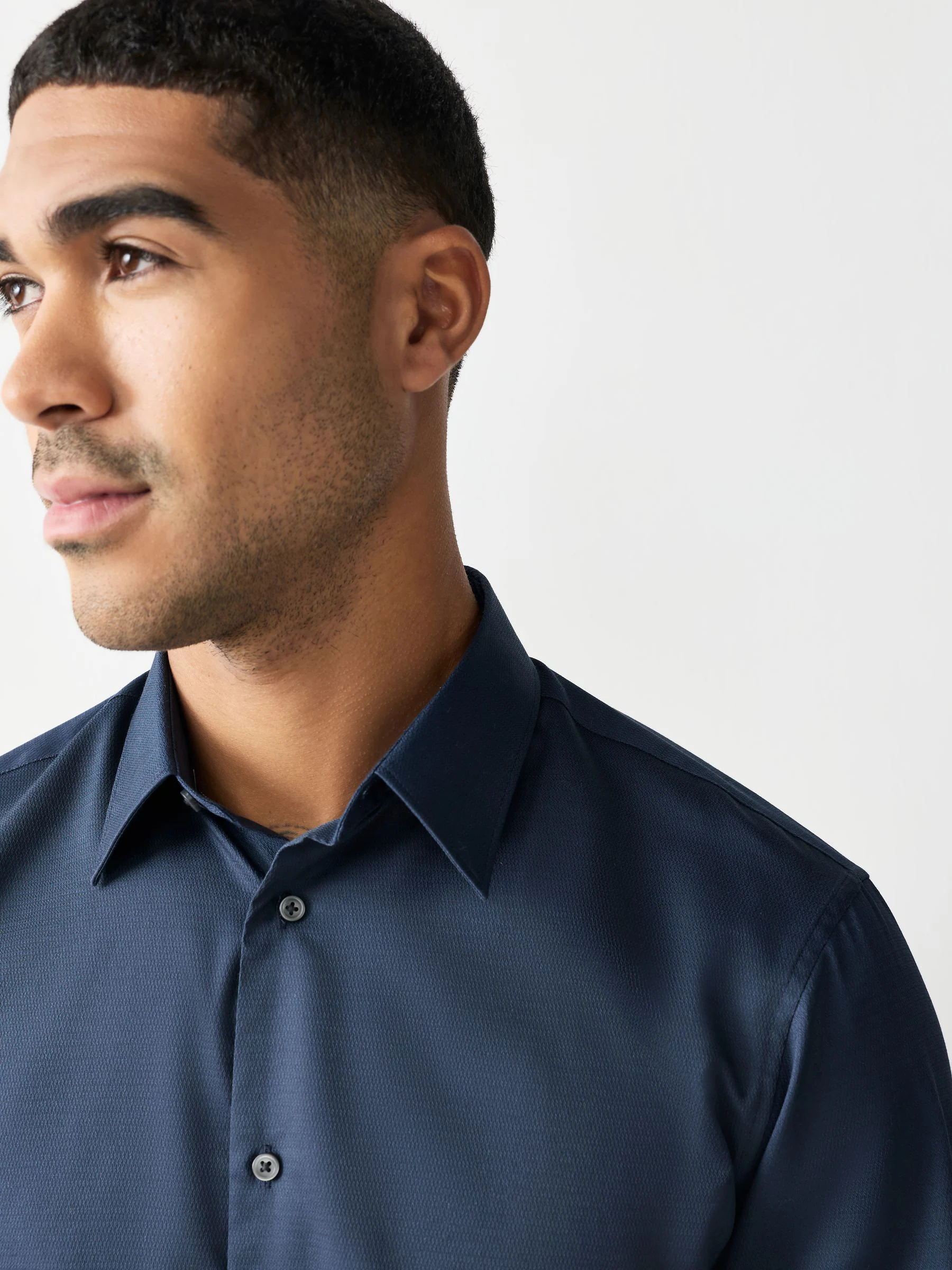 Marineblauw - Normale Pasvorm - Onderhoudsvriendelijk, getextureerd, slim fit overhemd met enkele manchet
