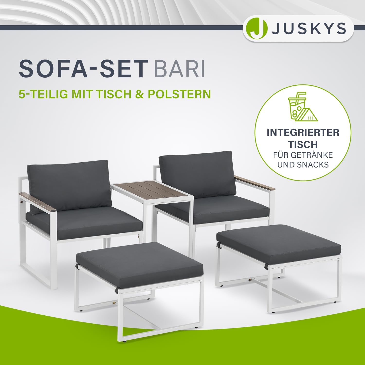 Juskys Gartenmöbel Sofa Set 5-teilig Bari mit Tisch & Polster - Metall Gartenlounge - Balkonmöbel klein - Outdoor Möbel Balkon Garten - Lounge Grau