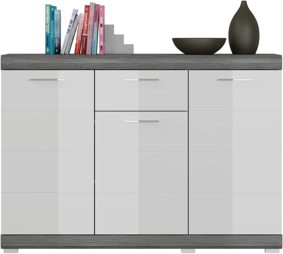 xonox.home - Kommode Scout 120x85x37 cm in Front weiß Hochglanz Korpus rauchsilber Nb - Sideboard Wohnzimmer Highboard Anrichte - modern, geräumig und funktional