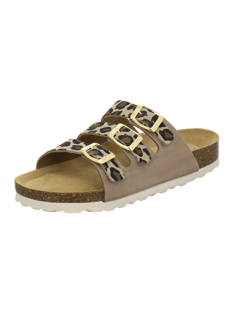 Pantoletten Damen Dreischnaller leo-beige