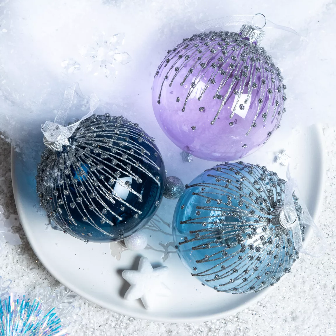 Lot de 6 boules de Noël en verre (D80 mm) Givrées Bleu glacé et lilas