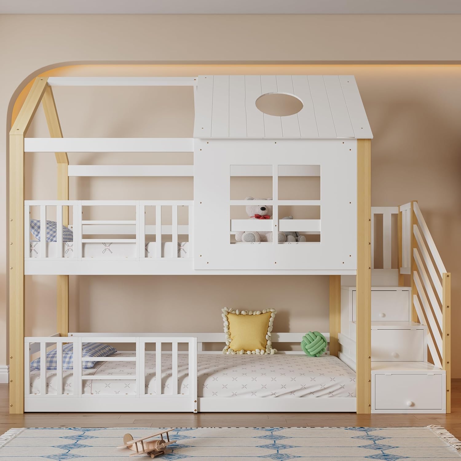 Kinderbett Etagenbett 90 x 200, Hausbett für 2 Kinder, Hochbett mit Lattenrost, Treppe und Rausfallschutz, Baumhaus Bett mit Fenster und Dach, Kiefer+MDF, Ohne Matratze