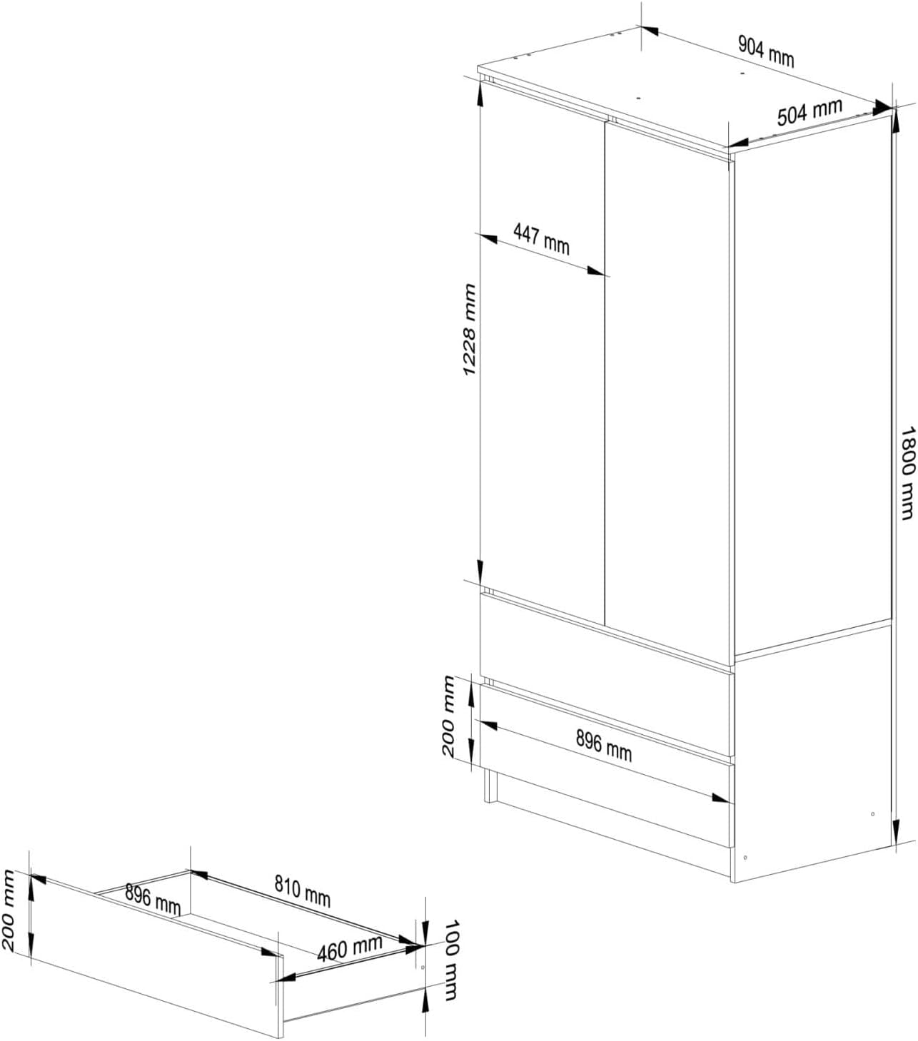 AKORD Zweitüriger Kleiderschrank S 90 cm 2 Schubladen mit Regalen und Einer Kleiderstange für EIN Schlafzimmer Kleiderschränke Minimalistischer Stil Schichtstoffplatte 16 mm | Graphitgrau