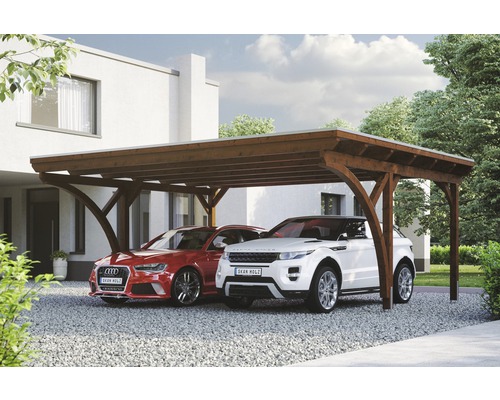 Konsta dubbele carport met aluminium dakpanelen, inclusief 2 inrijbogen en H-ankers, 618x500 cm, walnoot afwerking