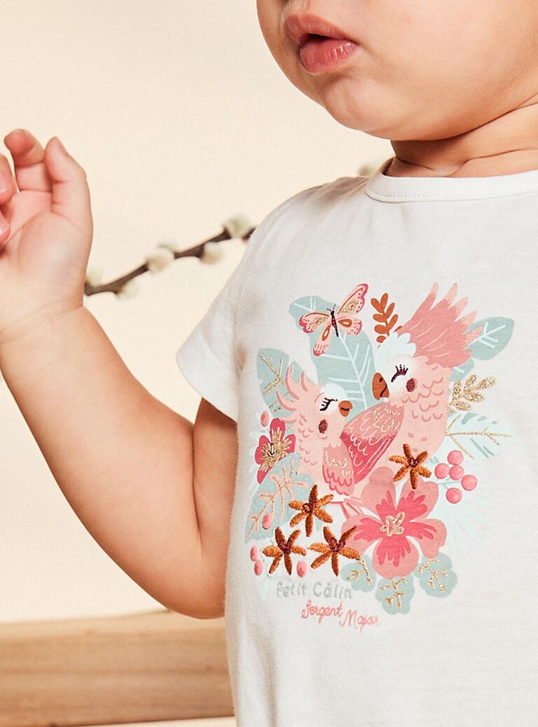 T-shirt écru à oiseaux fantaisie