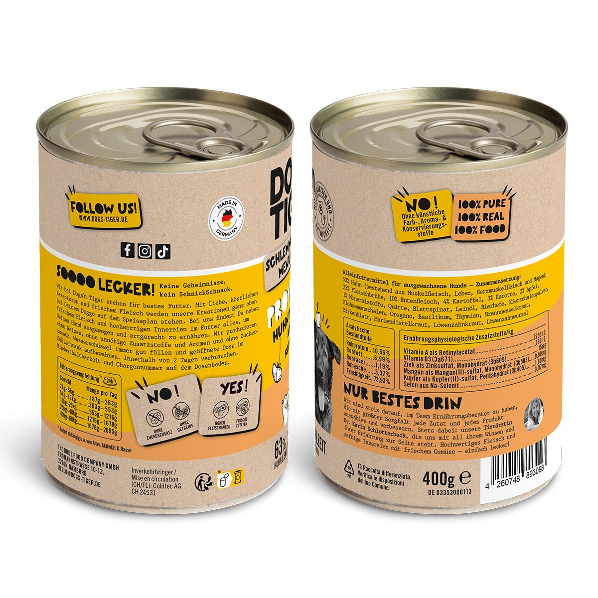 Dogs’n Tiger Adult Hundefutter, Proviant, Nassfutter, Getreidefrei, Huhn, Ente, Apfel & Kartoffel