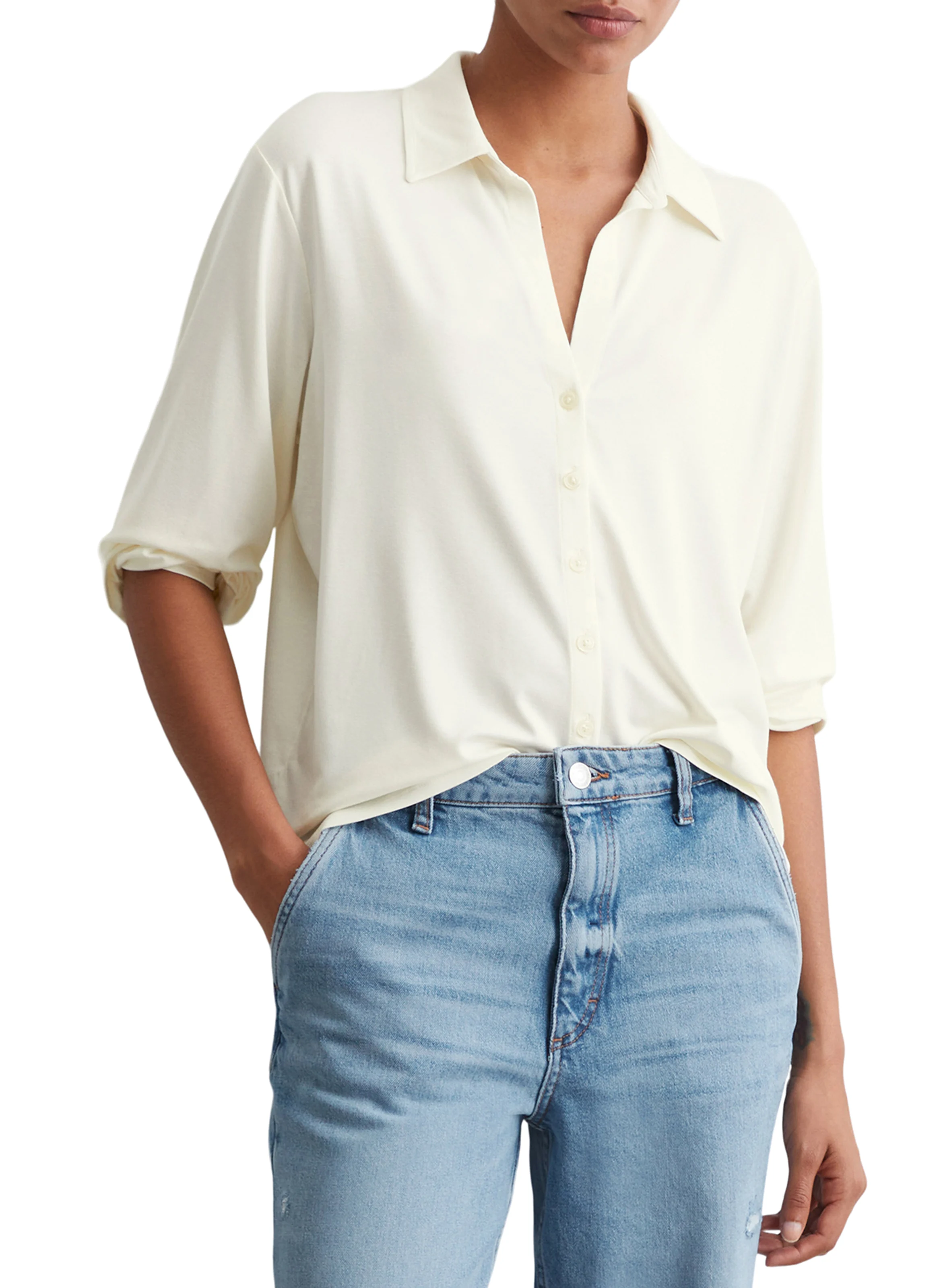 Chemise droite col V | Blanc