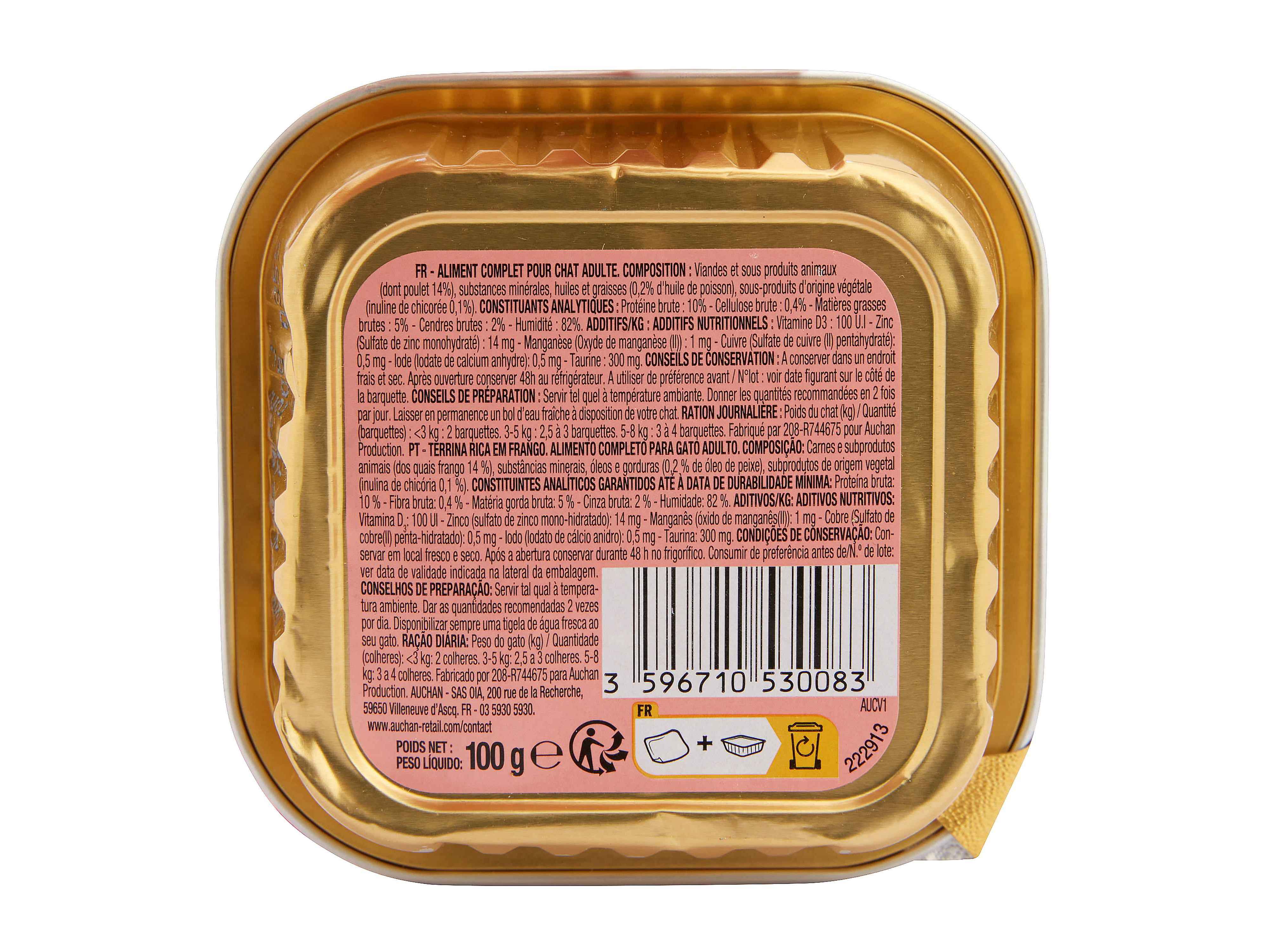 COMIDA HÚMIDA PARA GATO AUCHAN TERRINA RICO EM FRANGO 100G