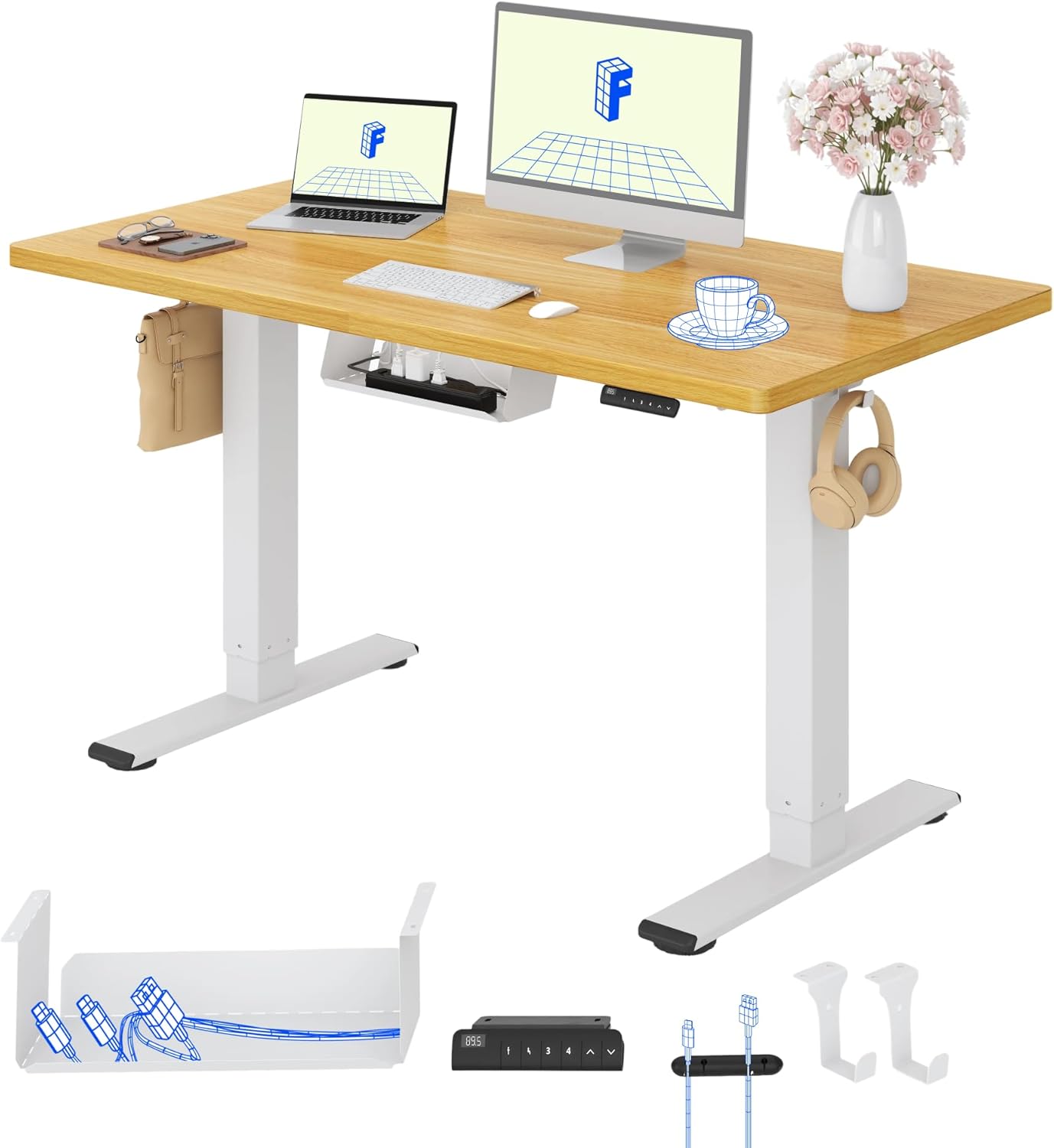 FLEXISPOT Höhenverstellbarer Schreibtisch mit 2 Motoren & 25MM einteiliger Tischplatte,ergonomischer Bürotisch - 120 x 60 cm Ahorn, weißes Gestell