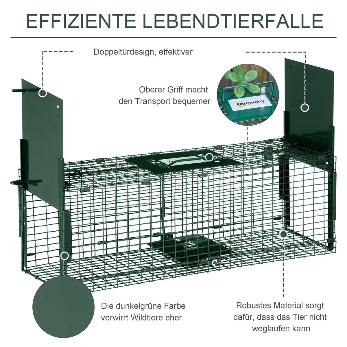 Outsunny levendval, marterval met dubbele deur, handvat, 60 x 18 x 20 cm, staal, donkergroen