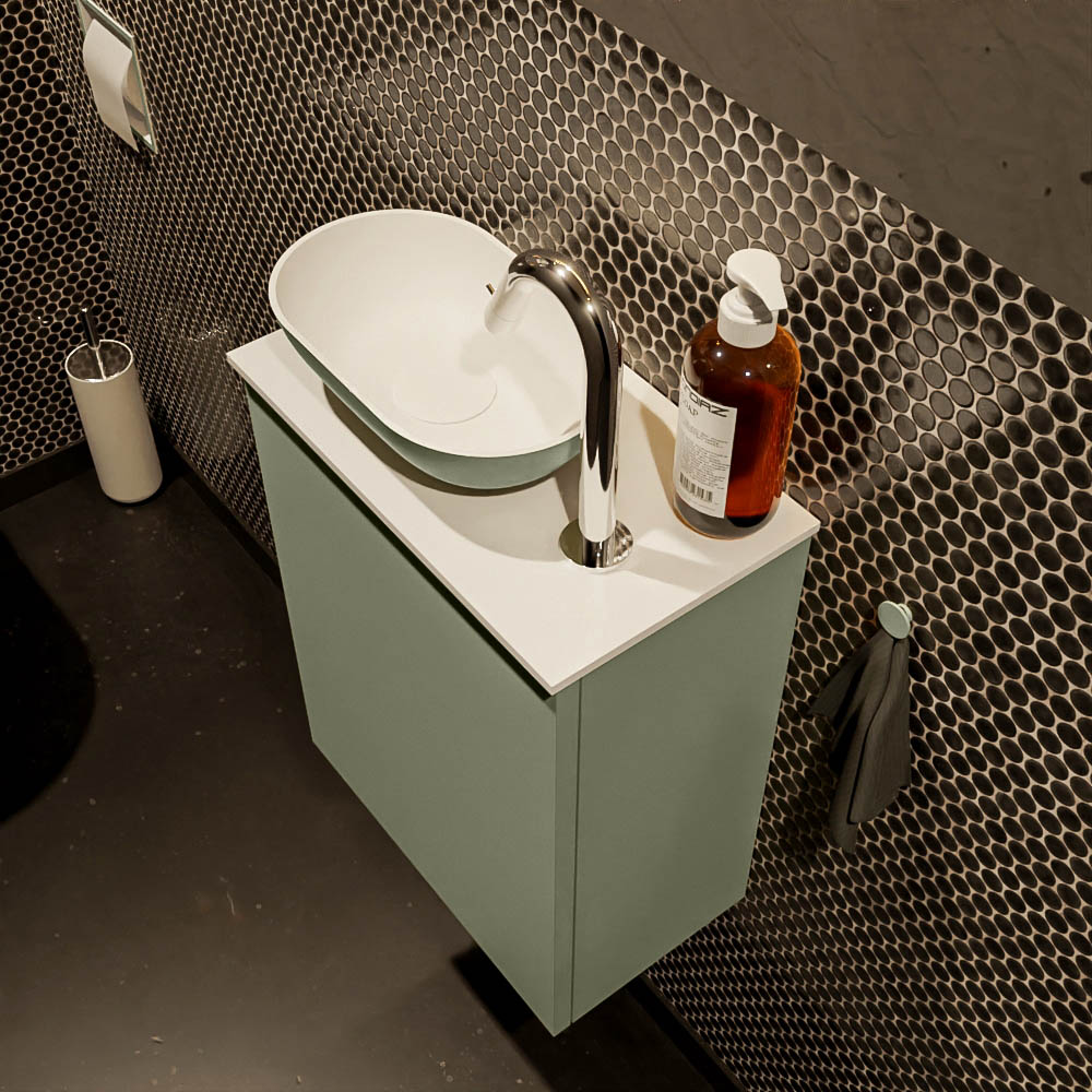 Mondiaz Fowy toiletmeubel 40cm army met legergroene waskom links en kraangat