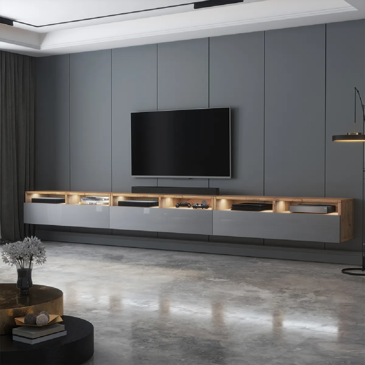 Selsey Meuble TV REDNAW 300 cm Chêne Wotan
