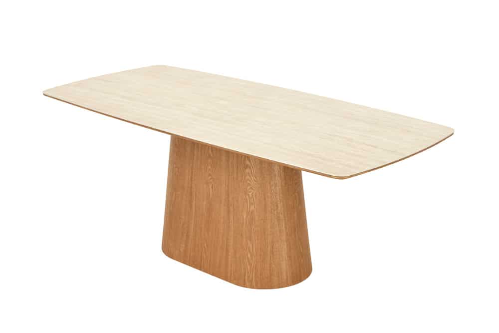 Design Esstisch UNIQUE 200cm natur braun Travertin Keramik Eichenholz Säulenfuß