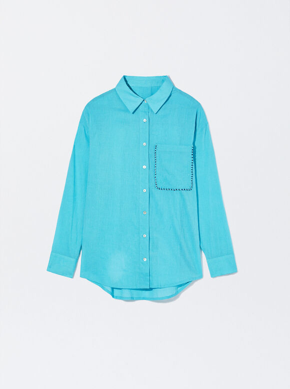 Camisa de algodão com bolso bordado com miçangas - Azul