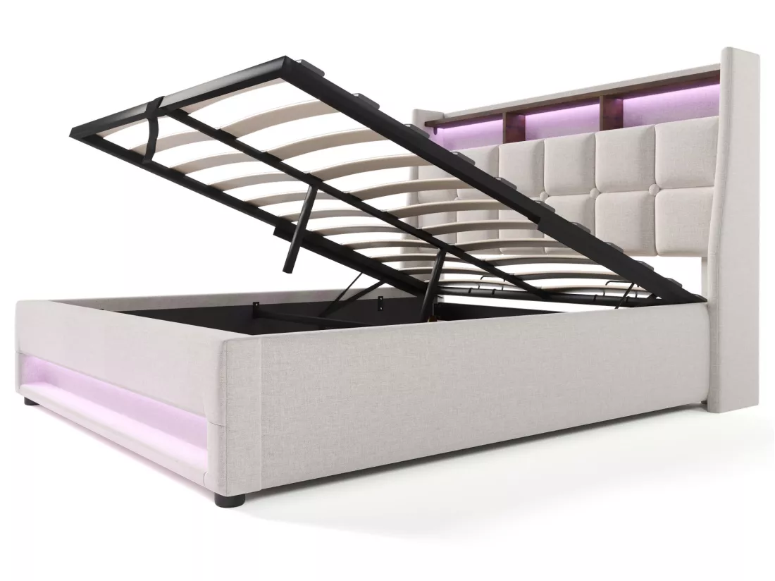 Lit coffre en lin 180x200cm avec LED et ports USB - sommier à lattes - beige