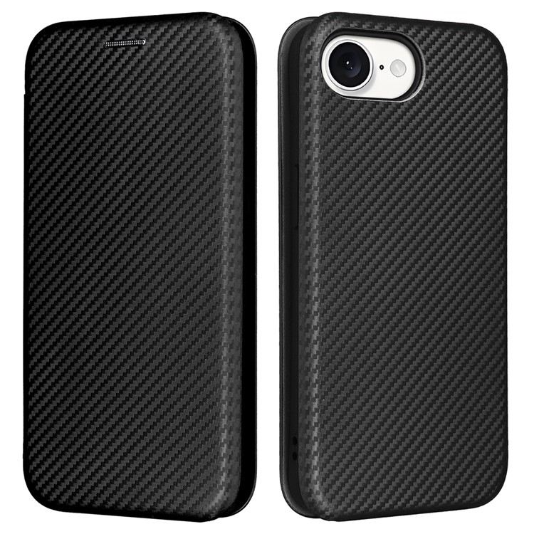iPhone 16e Leder Tasche Flip Cover Carbon Look - Schwarz