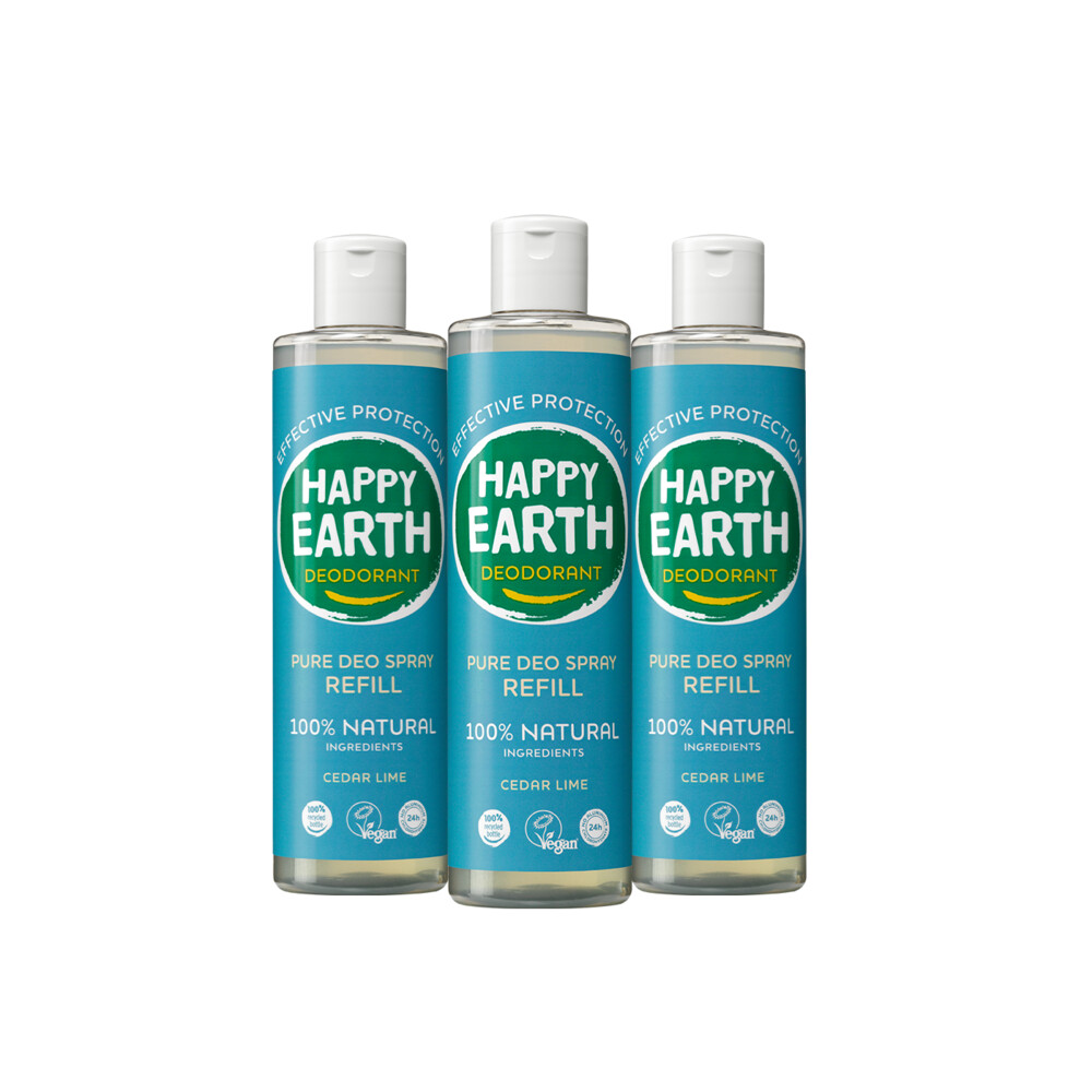 3x Happy Earth 100% Natuurlijke Deo Spray Navulling Cedar Lime300 ml