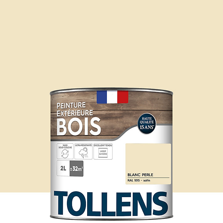 Peinture extérieure bois Tollens satin blanc perle 2L