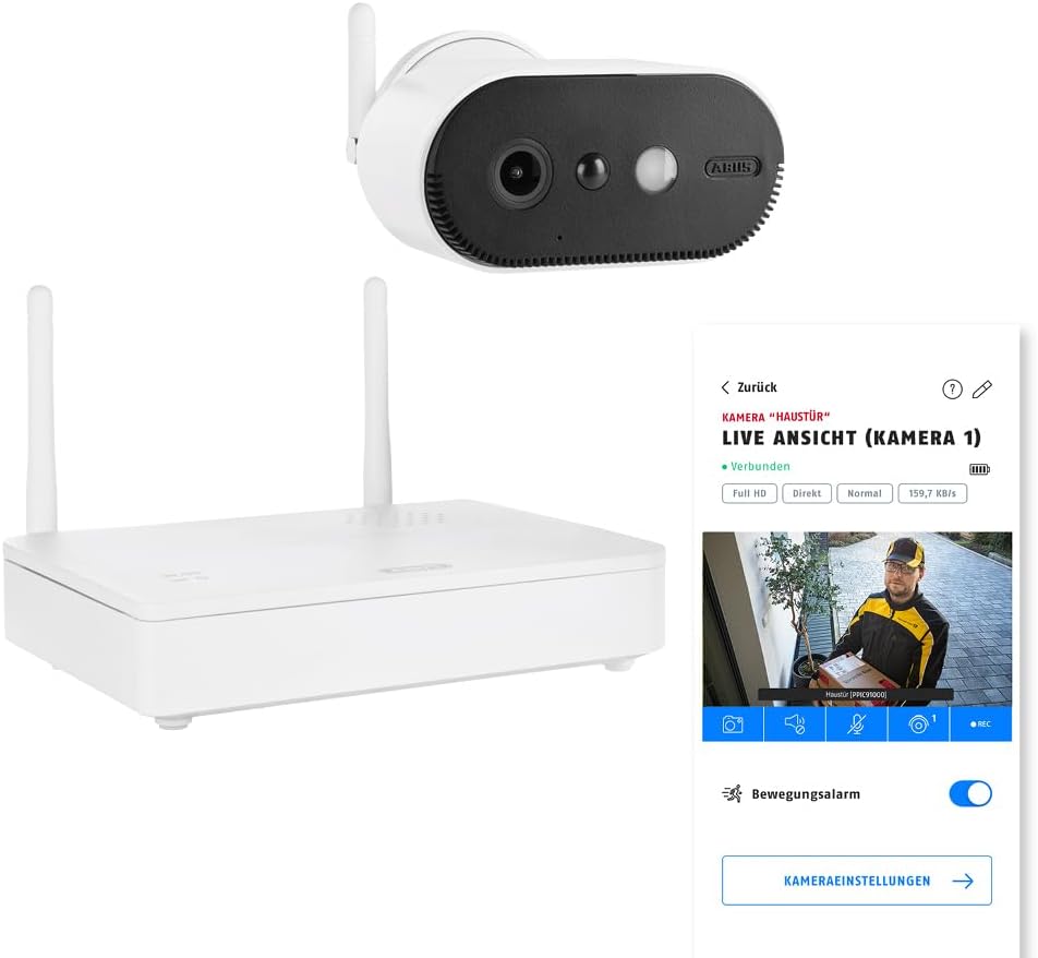 ABUS Akku-Kamera Pro mit Basisstation (PPIC91000) – Smarte kabellose Überwachungskamera mit Weißlicht-LED