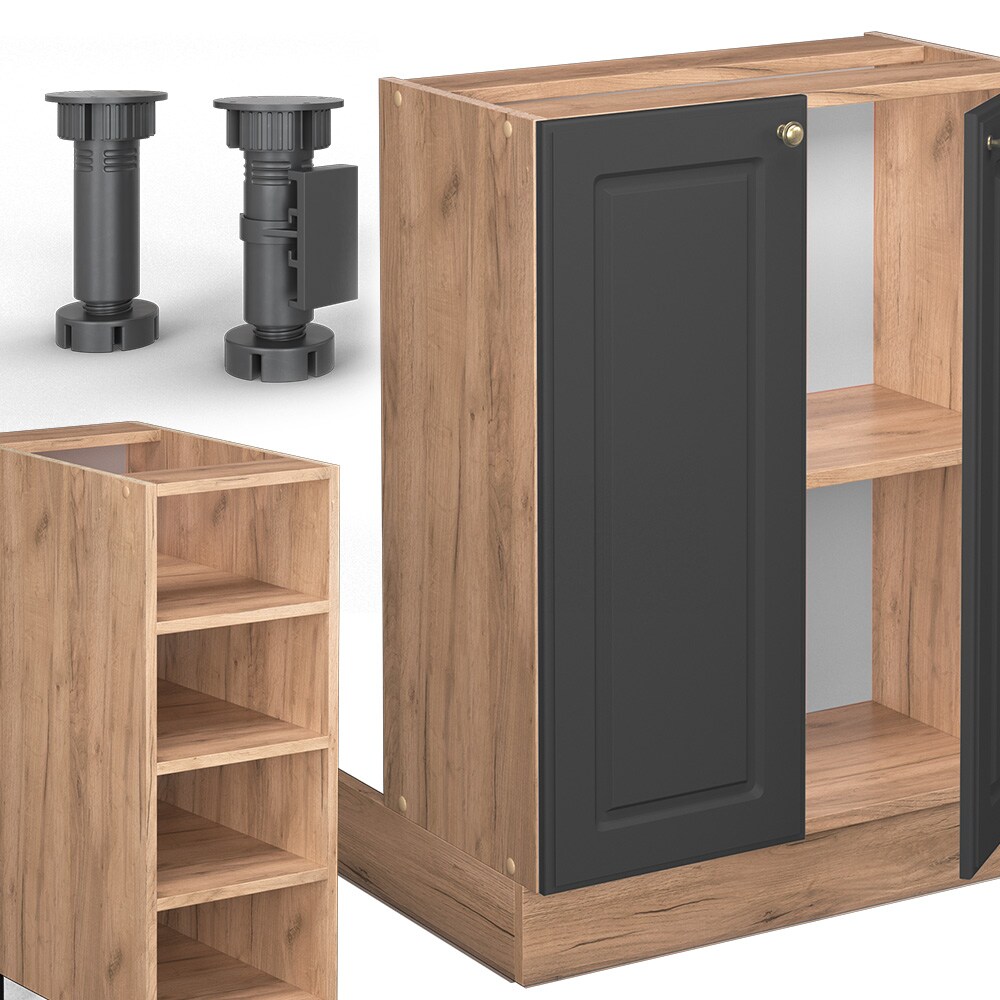 Vicco Kücheninsel Küchenblock Einbauküche Fame-Line Landhaus Eiche Anthrazit 90 cm Gold Küchen Schränke Regalunterschrank Küchenunterschrank Regalinselunterschrank Softclose-Scharnier Küchenmöbel
