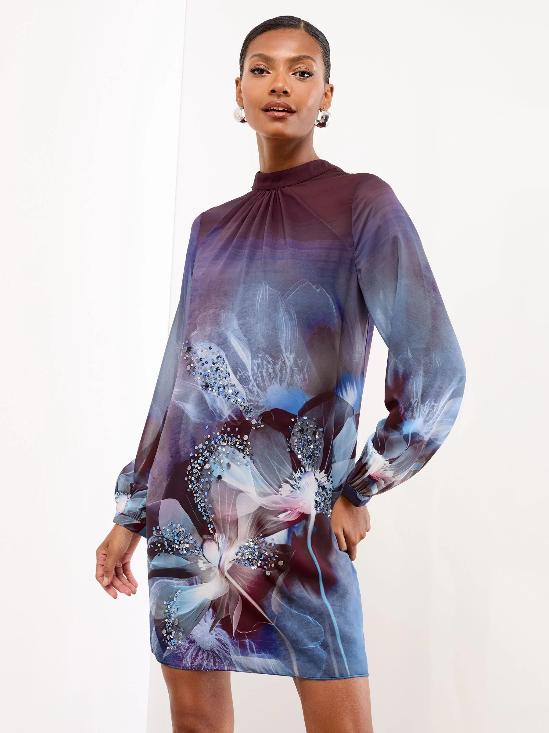 Lipsy Mini Embellished Floral Long Sleeve Shift Dress