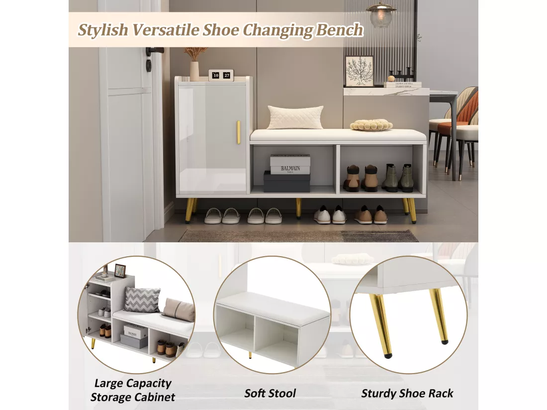 Meuble à chaussures - rangements à plusieurs niveaux & assise rembourrée - Blanc