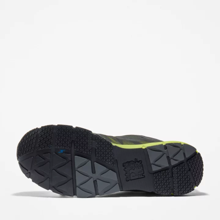Sapato de trabalho masculino Radius com biqueira de liga metálica, nas cores preto e verde.
