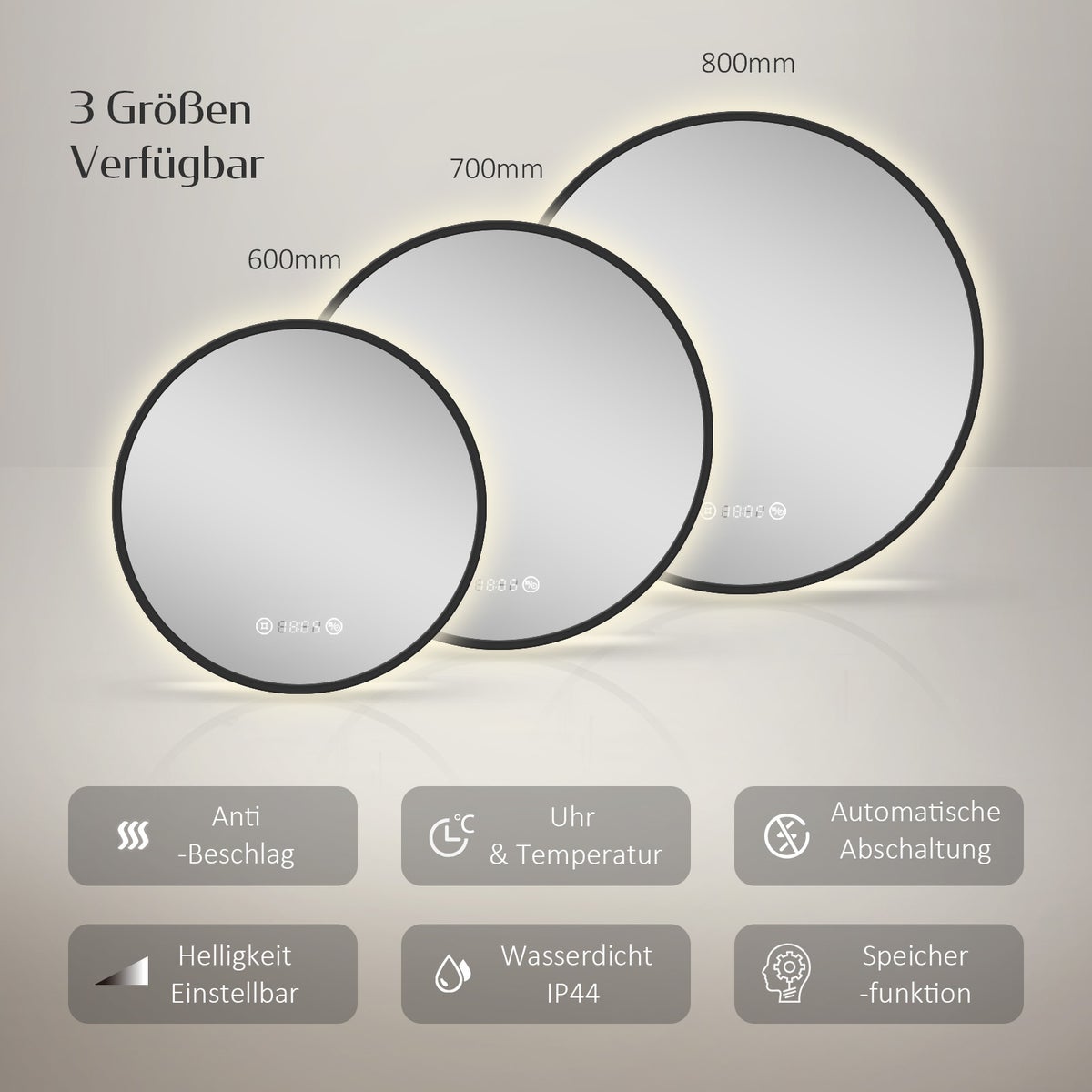 EMKE LED badkamerspiegel, Ø 60cm, zwarte rand, anti-condens, klok, temperatuurweergave, dimbaar, geheugenfunctie, neutraal licht