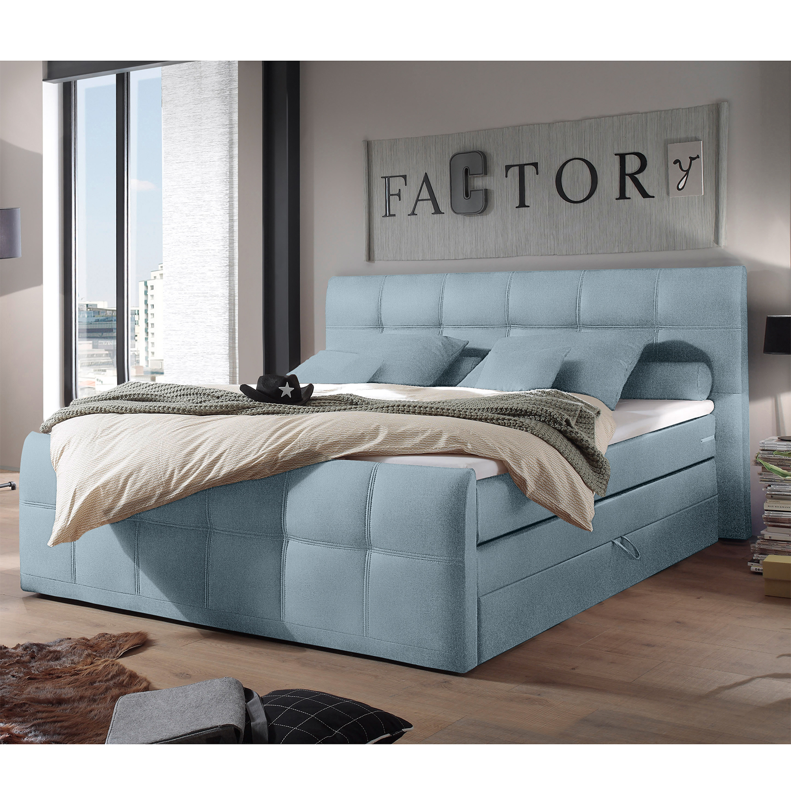 Boxspringbett - pastellblau - Taschenfederkern - H2 - 180x200 cm