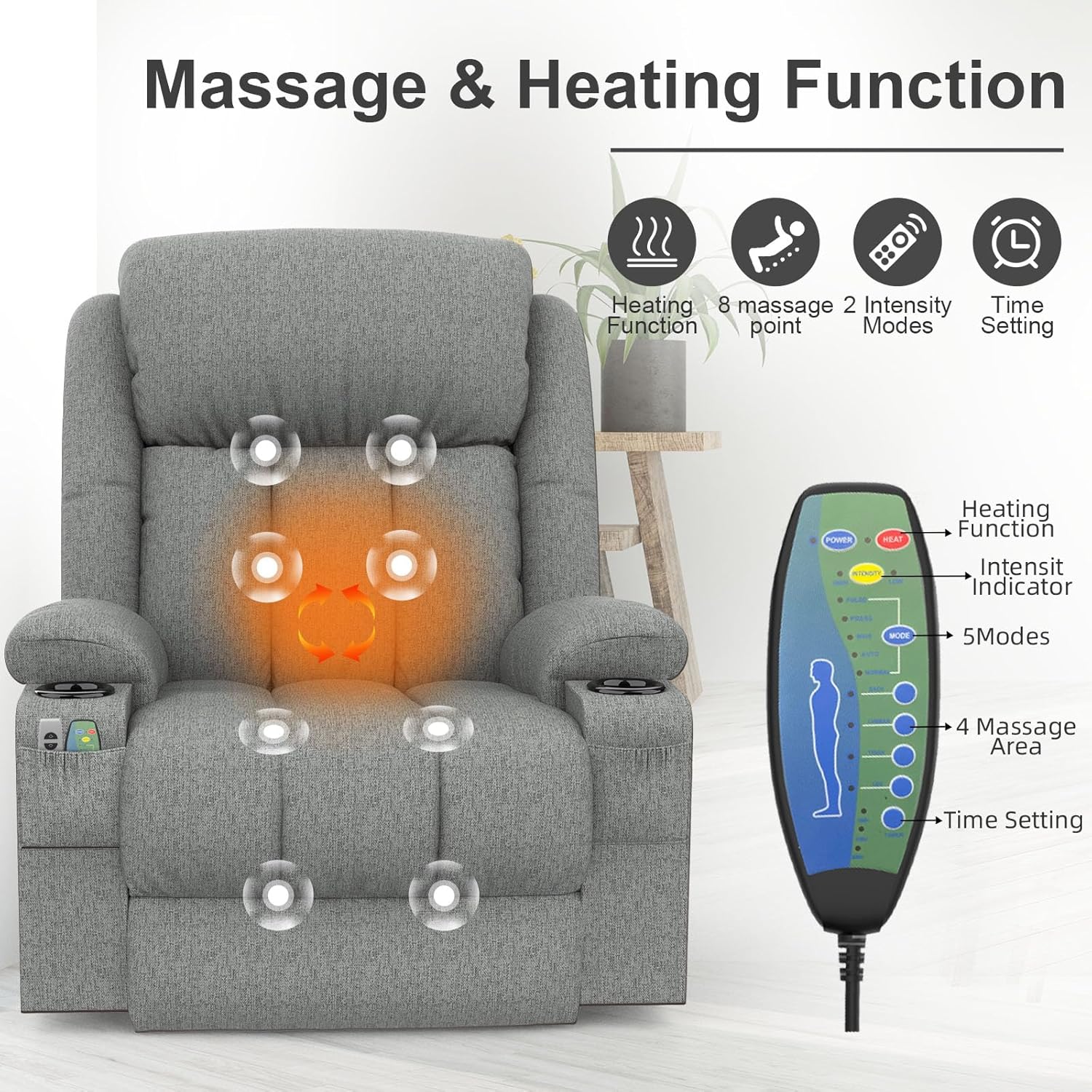 Fernsehsessel Massagesessel Elektrisch Relaxsessel mit Liegefunktion Aufstehhilfe, Massage Heizung, Fußteil, Getränkehalter 4 Seitentaschen,TYP C & USB-Anschlüsse Leder Sessel
